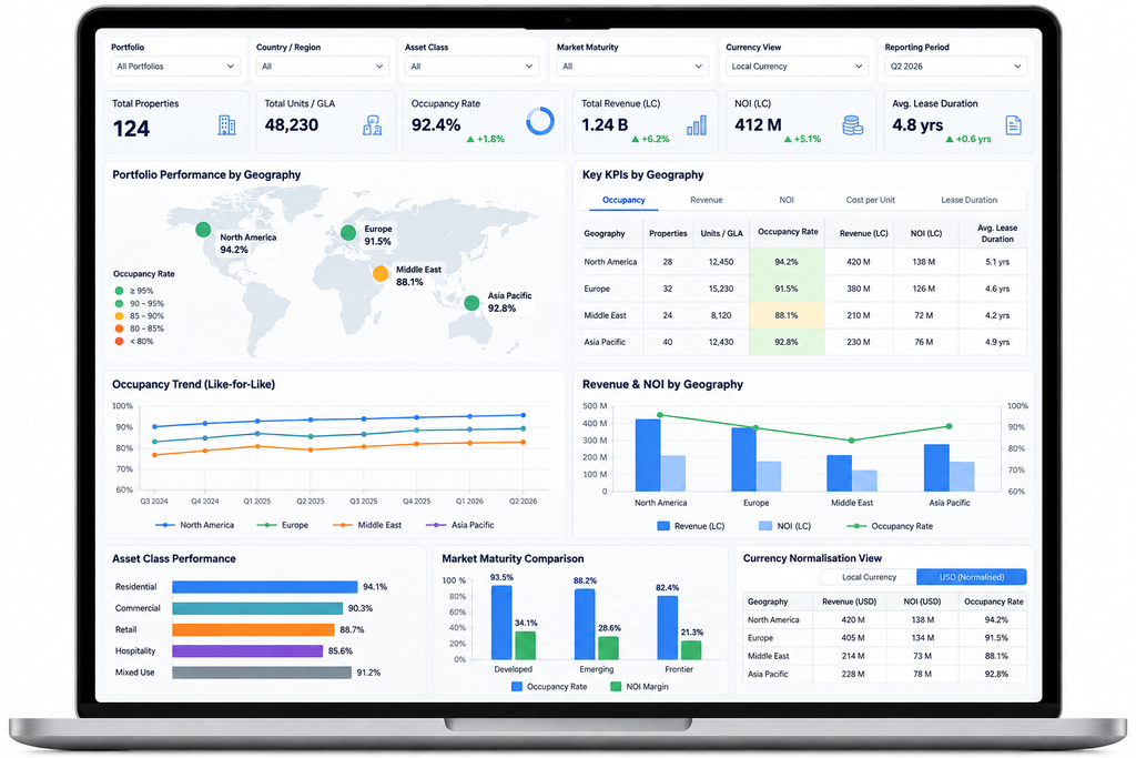 Global real estate portfolio benchmarking  Dashboard | Metadata Technologies | Property-xRM | PropertyFlex