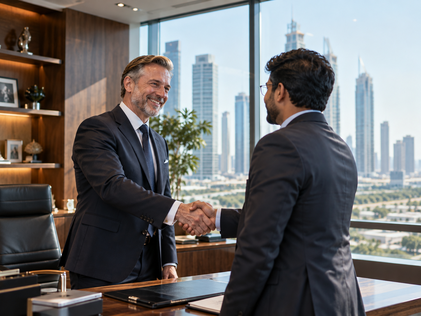 Executives shaking hands overlooking the city