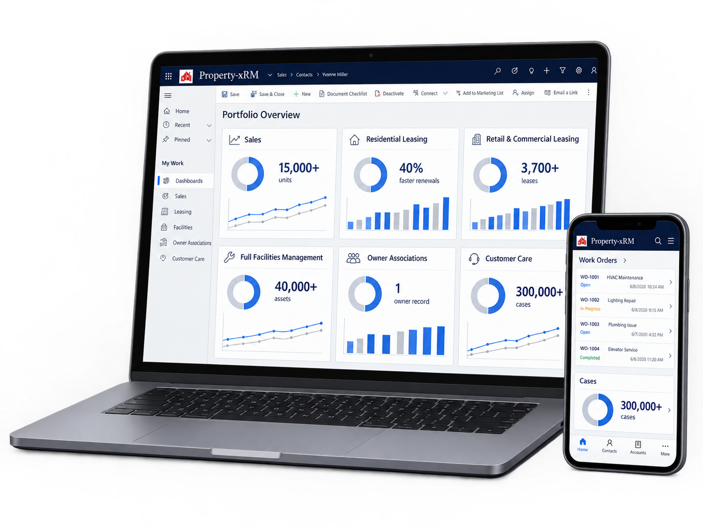 Mixed-use real estate CRM: Property-xRM on Microsoft Dynamics 365 dashboard on laptop and mobile, showing sales, residential leasing, retail and commercial leasing, full facilities management, owner associations and customer care
