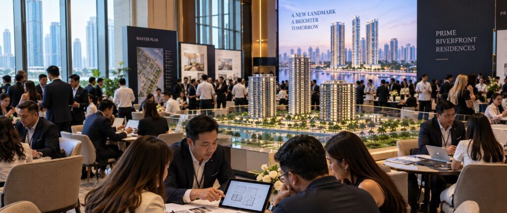 Real estate project launch event with sales agents meeting buyers beside a tower scale model
