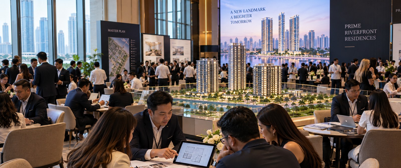 Real estate project launch event with sales agents meeting buyers beside a tower scale model